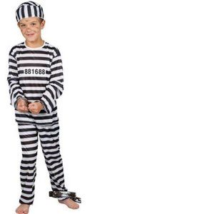 Convict Prisoner Halloween Costume 12/14 Black White Shirt, Pants, Hat 3 Pc Boys